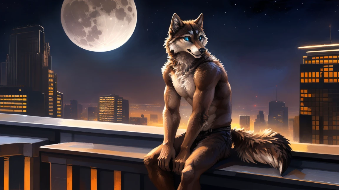 ((Solo)), male people, anthro wolf, (Multi-colored fur, White-brown:1.3), ((Wolf face, Big eyes, White eyelids, Blue pupil, Slim:1.2) (Tough, Calm expression:1.2)), (Height 2.1 meters,Tail length 1.5m), Abs, Slim, pinging, (Correct anatomy), (Contour bone:1.2), The upper body is naked, (detailed outfits), a long large tail,Feet,(Realistic fur, Detailed fur texture, labeled:1.3)), (Natural lighting), Photorealistic, Hyperrealistic, ultradetailed, by Kenket,In the modern city,Roof,the night,Sit alone,Look at the full moon,It was dark,Starry