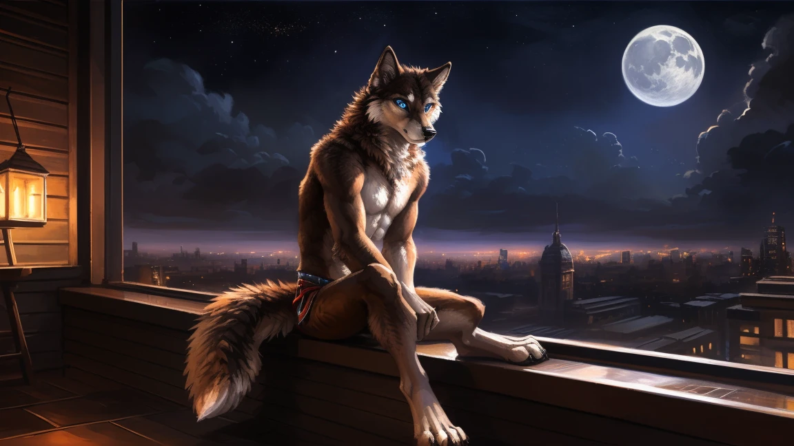 ((Solo)), male people, anthro wolf, (Multi-colored fur, White-brown:1.3), ((Wolf face, Big eyes, White eyelids, Blue pupil, Slim:1.2) (Tough, Calm expression:1.2)), (Height 2.1 meters,Tail length 1.5m), Abs, Slim, pinging, (Correct anatomy), (Contour bone:1.2), The upper body is naked, (detailed outfits), a long large tail，Feet，(Realistic fur, Detailed fur texture, labeled:1.3)), (Natural lighting), Photorealistic, Hyperrealistic, ultradetailed, by Kenket，In the modern city，Roof，the night，Sit alone，Look at the full moon，It was dark，Starry