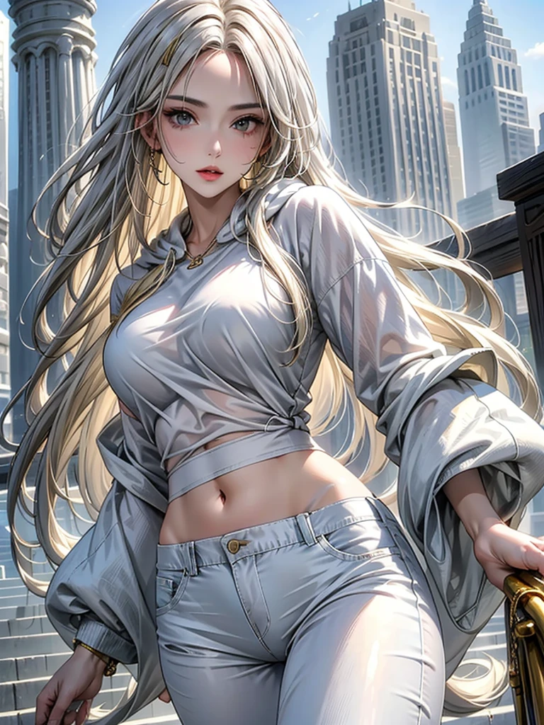 (masterpiece:1.6, best quality), (finely detailed beautiful eyes: 1.2), (Overhead view), high quality, beautiful face, 1girl, wide shot, white tshirt, leather short shorts, oversized leather jacket, open shoulders, silver hair, large breasts, ponytail hair, wide hips, red eyes, badass (leaning to the side, ), beach, background, detailed background,