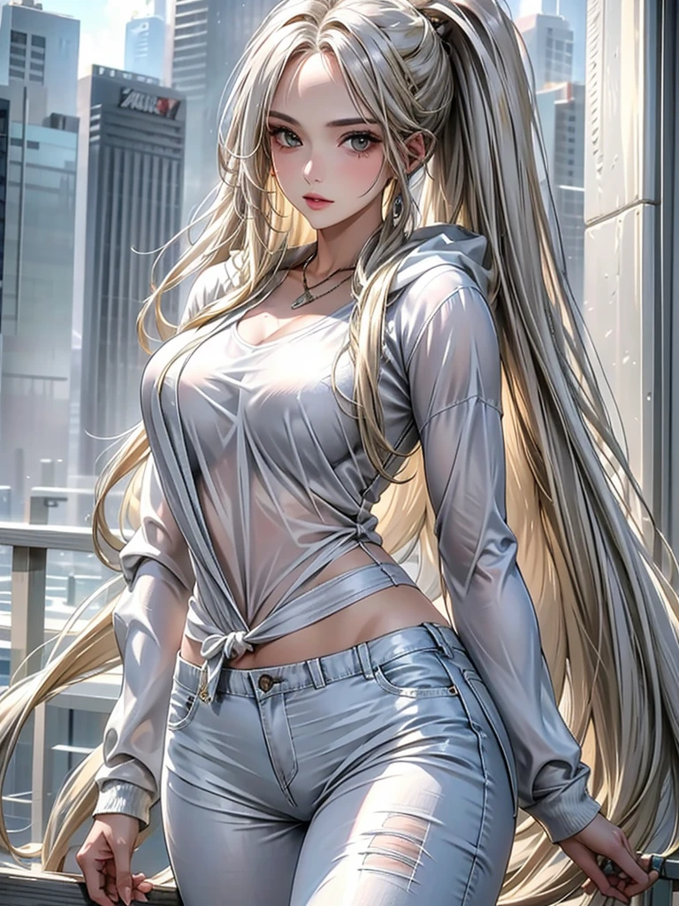 high resolution, 1womanl, Solo, Hips up, view the viewer, (Detailed face), yellow blond hair , Long hair, white hoodie, white pant ,Oversized clothes, jewelry, midjourney portrait, no cropped picture