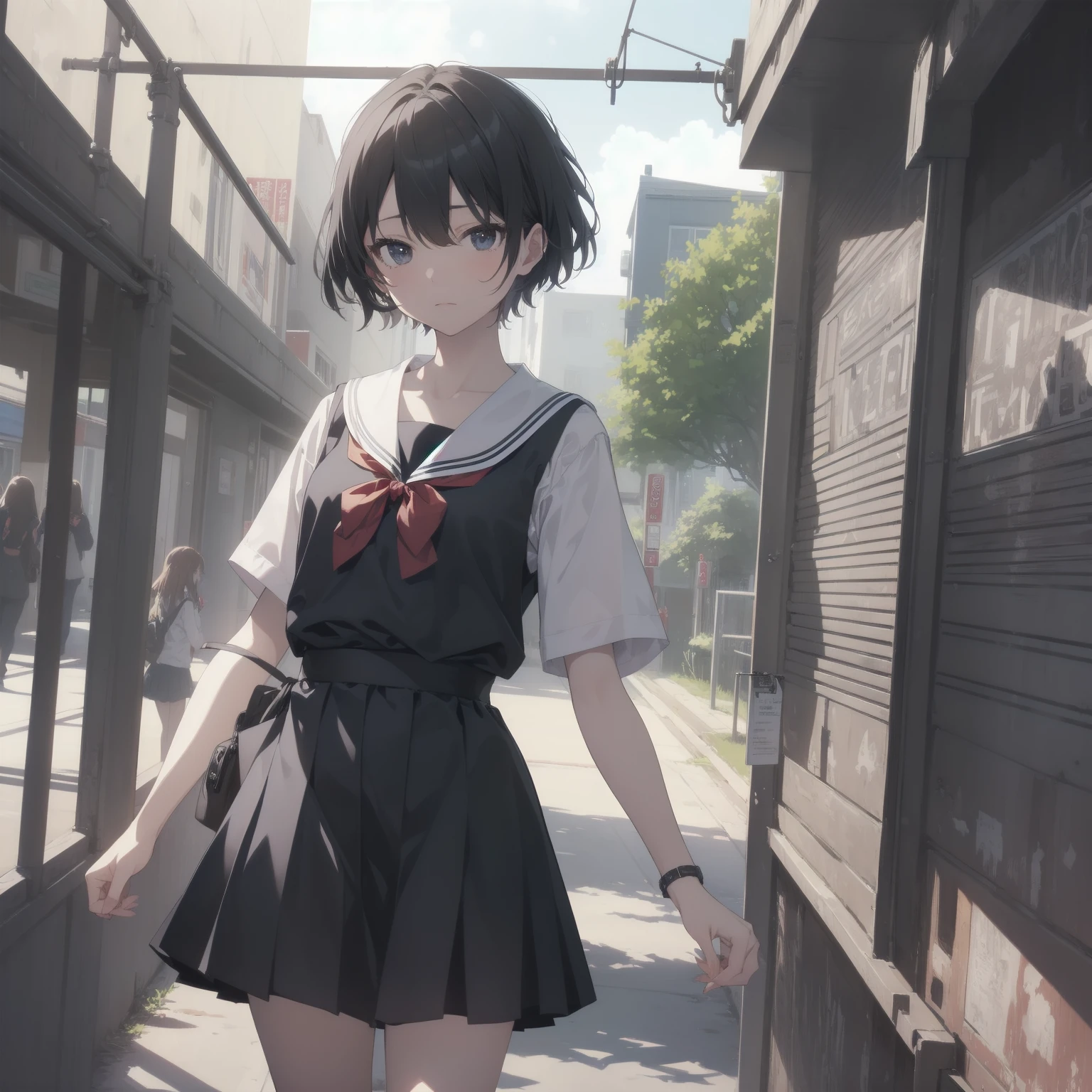 ultra-absurdres-Top quality by artist God, ultra-detailed, high resolution, anime moe artstyle, best anime 8k konachan wallpaper, pixiv contest winner, pool:2810, perfect anatomy,break, 1girl, (Please draw a girl walking sleepily to school alone. )break,(Solo,little female, 13-year-old:1.3),Full limbs, complete fingers,a junior high school student, (very short hair), short cut, flat chest, , small butt, small black eyes, beautiful detailed eyes, well-proportioned iris and pupils, expressive eyes, highres detailed hair, soft expression, salor school_uniform, sailor collar, serahuku, bow, pleated skirt,(Detailed Lighting), (Detailed background), in the School commute route. break,super detailed skin, Best cinematic lighting powered by famous artist, 8k,beauty illustration,photoshop_(medium),very aesthetic,break,((artist:toosaka_asagi )), artist:clamp ,artist:carnelian ,artist:kantoku ,
