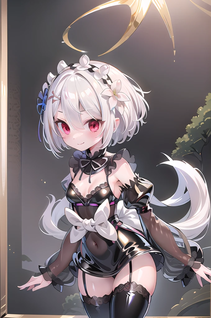 1girl,solo,cowboy shot,standing,(white hair:1.6),(short hair),hair over one eye,ribbon trim, hair ribbon, x hair ornament,(red eyes:1.4),(beautiful fingers:1.4),(perfect anatomy:1.6),(arms_behind_back:1.6),(cold_shoulder:1.2),(gold silk lace glossy lamé kimono:1.6),(latex luster shiny glossy:1.6),(shiny_clothes:1.6),small breasts,(thin thighs:1.6),(gold thigh boots:1.4),(masterpiece),best quality,(Ultra high definition eyes:1.2),8k,(Beautiful detailed eyes:1.2),(Fine and beautiful eyes:1.2),(pretty eyes:1.2),finely detail,extremely CG, absurdres,high resolution,illustration,Detailed and beautiful outlines,finely detail,high resolution,(colorful refraction:1.4,Increase saturation:1.2),beautiful lighting,dynamic lighting,closed room,black background,simple background, smile,looking at viewer,ram1,ram \(re:zero\), white thighhighs, maid headdress, garter straps, black ribbon, long sleeves, neck ribbon, purple ribbon, wide sleeves, hair flower,(sheer sleeves:1.6)