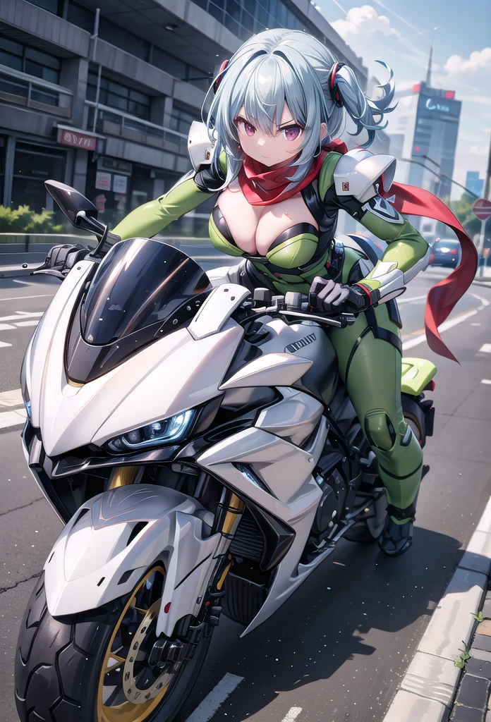 (masterpiece:1.2), best quality, high resolution, extremely detailed CG, absurdres, highres,1girl, solo, (serious:1.3), henshin belt, ((dark_blue_hair)), mecha belt, headgear, (red_scarf), black and green powersuit, white armor, on a cyber motorcycle, thighs, cleavage, blue_hair, red_scarf, mecha_armored, mecha_belt, headgear