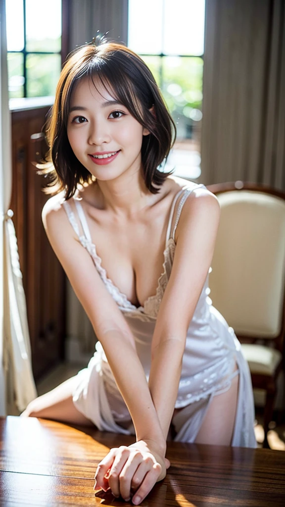 (Woman in a nightgown、Wearing panties:1.5)、22 year old Japanese woman、Very beautiful woman、One Woman、solo、Cute Face、Portrait、Detailed skin texture、((Highest quality、high resolution、High resolution、High definition、masterpiece、16K:1.5))、(whole body:1.4)、Perfect proportions、Slim figure、Medium breast、Medium Hair、Dark Brown Hair、Straight Hair、Thin arms、Beautiful hands、Detailed face、Smiling Kindly、(RAW Photos、Photos like the real thing、Clear photos:1.2)、((Canon EOS 5D Mark 4とSIGMA Art Lens 35mm F1.4 Shot with DG HSM lens、F-stop 2.4、iso 200、Shutter Speed 2000))、Beautiful feet、8th life、Detailed eyes、Silver grey color contacts、Direct your gaze this way、((In the dining room at home、Warm lighting、On the dining table、indoor:1.4))、Natural light、Height: 165cm、Just the right color balance、Female college student、Narrow Face、Sharp face line、((Depth))、((Long Shot))、Lifelike skin texture、Moisturized Skin、Anatomically correct