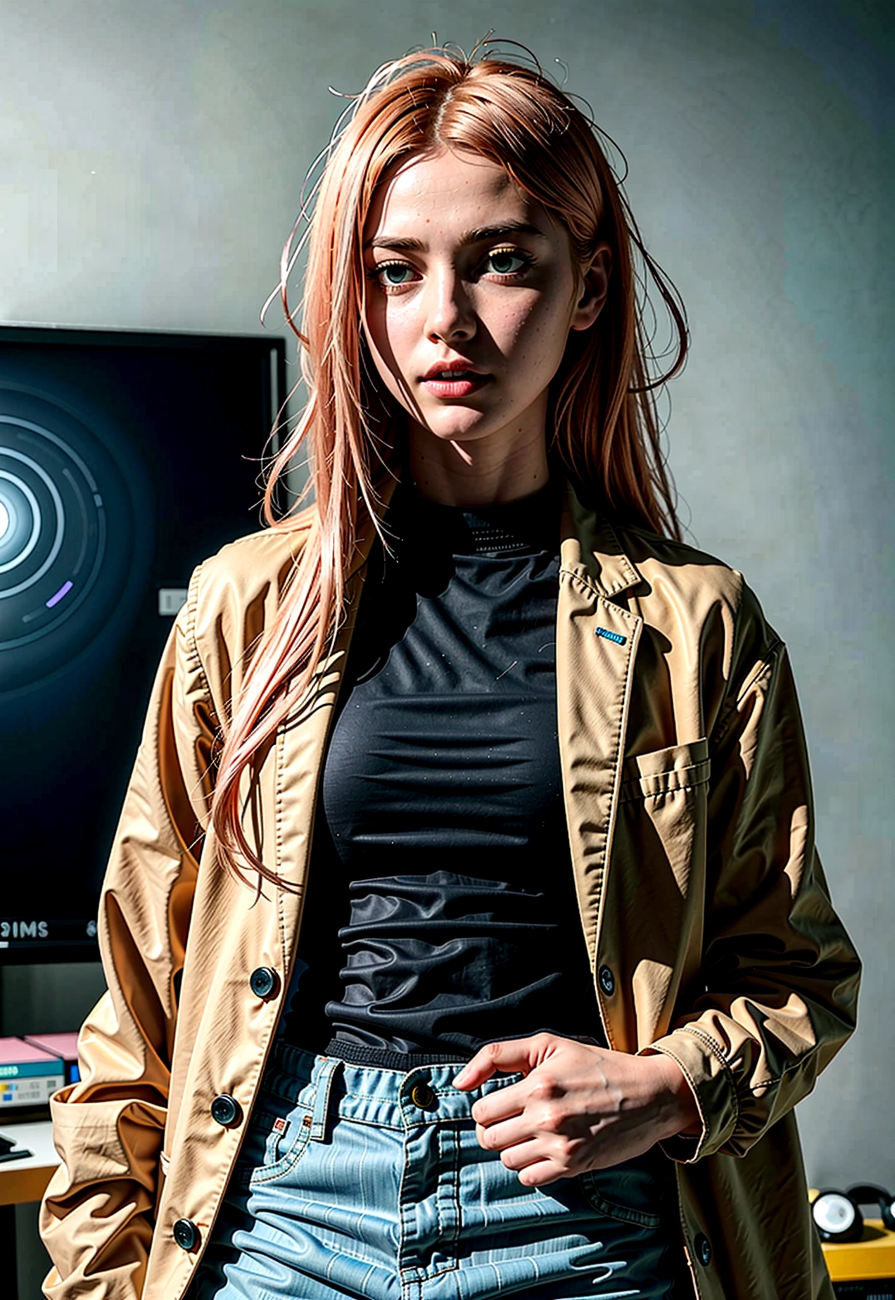 Cyberpunk, Girl, 1girl, Beautiful lady in office black shirt with buttons and shorts, office like longer pink coat, long pink hair, Multi-colored hair, multi-colored eyes, heterochromia, tall, thin, beautiful lady, perfect body, slim, blueeyes, office suit, elongated, Prominent Jaw, Thin girl, skinny girl, perfect skinny girl, teen, 16 years old, tall