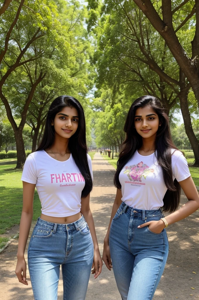 "Generate a picture of two siblings: Yogesh and Jiya. Yogesh is 18 years old, 6 feet tall, skinny at around 60kg, with long hair, a sharp jawline, cute, and fair-skinned. Jiya is 19 years old, 5'7 feet tall, slim at around 45kg, cute, and fair-skinned. They are standing together, smiling, and dressed casually. Yogesh is wearing a t-shirt and jeans, and Jiya is wearing a summer dress. The background is a park with green trees and a sunny sky.