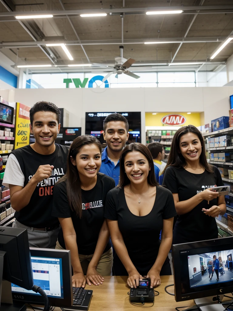 several people, with store uniform, inside an electronics store, middle class Brazilians, employees, celebration