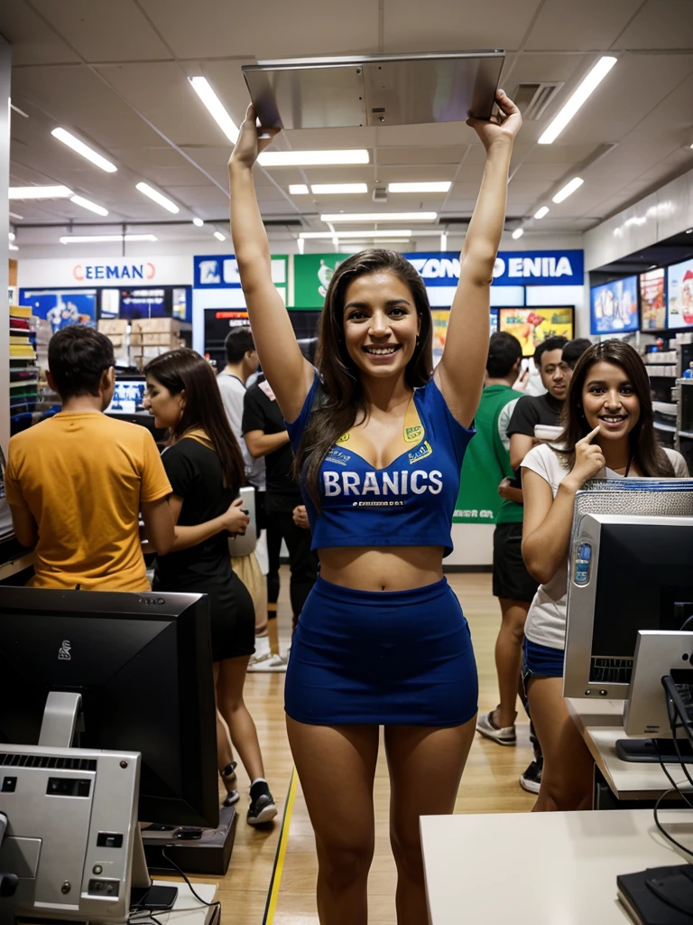 several people, with store uniform, inside an electronics store, middle class Brazilians, employees, celebration