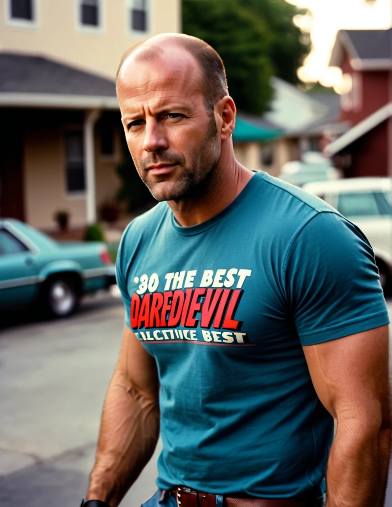 A 30 yo Daredevil Detective [Jason Statham:Bruce Willis:0.5] Riggs, wearing T-Shirt with "80s is the BEST" text on it, is scrutinizing his neighborhood, cinematic, professional movie scene, ultra sharp focus, shallow depth of field