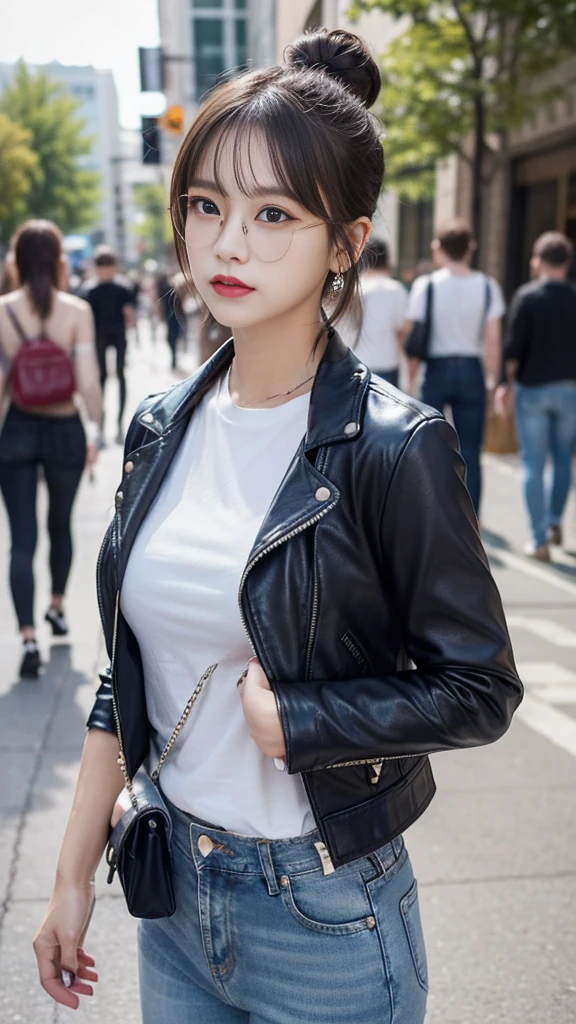 (masterpiece:1.2, Highest quality), 1 Female, alone, Upper Body, Big Breasts, A chic and edgy leather jacket、Style it with a classic white tee and distressed jeans.。With minimal makeup and a loose bun、Creates confidence and ease。 (Music festivals and trendy downtown districts) Eye-catching sunglasses and chunky jewelry, Comes with a convenient crossbody bag