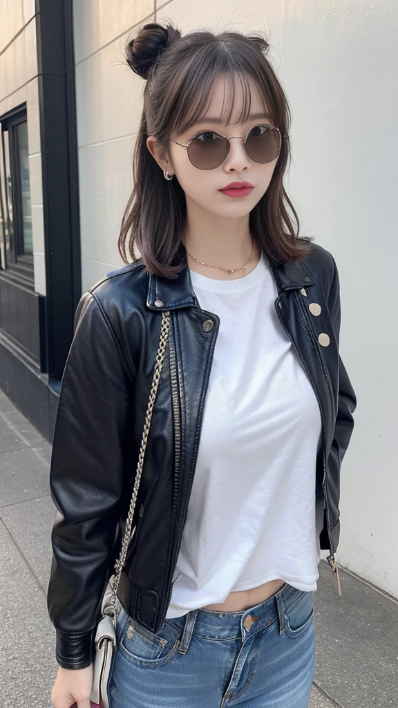 (masterpiece:1.2, Highest quality), 1 Female, alone, Upper Body, Big Breasts, A chic and edgy leather jacket、Style it with a classic white tee and distressed jeans.。With minimal makeup and a loose bun、Creates confidence and ease。 (Music festivals and trendy downtown districts) Eye-catching sunglasses and chunky jewelry, Comes with a convenient crossbody bag