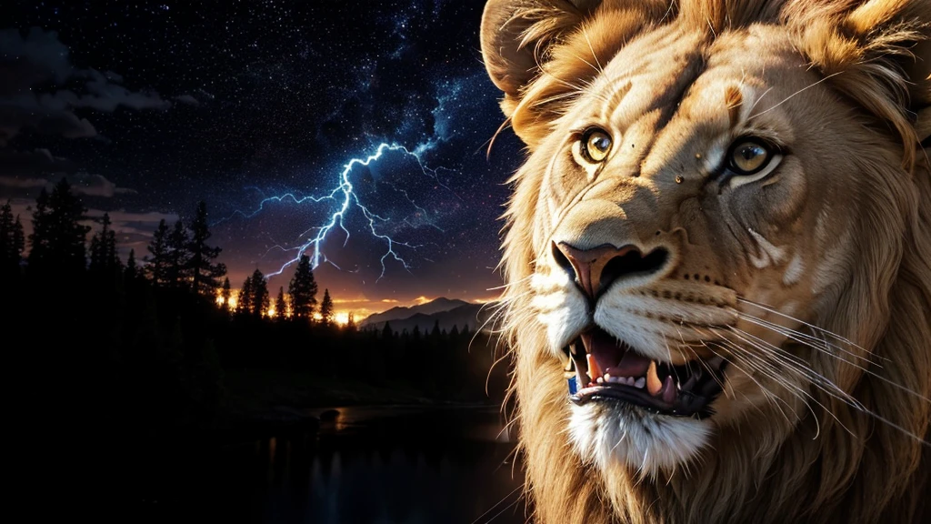 Lion, Divine Lion, naturals, Thunders, Realistic Lion, rey, realistic detailed, Sunset Light, Sky, Night Sun, realistic detailed 16K, Eletricidade Detalhada 8K, Texturas realistas de 8K, Cores photorrealistic 8K, fire azul, realistic detailed Fire Bolt, Sky Light Detailed, Power of thunder, Divine realistic, golden crown, golden crown, golden crown, naturey, Linda, Rendering, photorrealistic, UltraHigh definition, 4K, detailed textures, thunder, detailed shadows, detailed colors, neon blue, blue light, lightnings, blue power, naturey Linda, Great Divine, blue light, thunder Azuls, coroa do rey, lightning, Electric Power Screw, detailed contrast, realistic contrast, high resolution, detailed colors, fire, villany, divine creature, 8K, realistic detailed, 16K, 8K, High definition, detailed contrast, realistic contrast, high resolution, detailed colors, fire, villany, divine creature, 8K Realistic Lion Face, realistic detailed, posh,