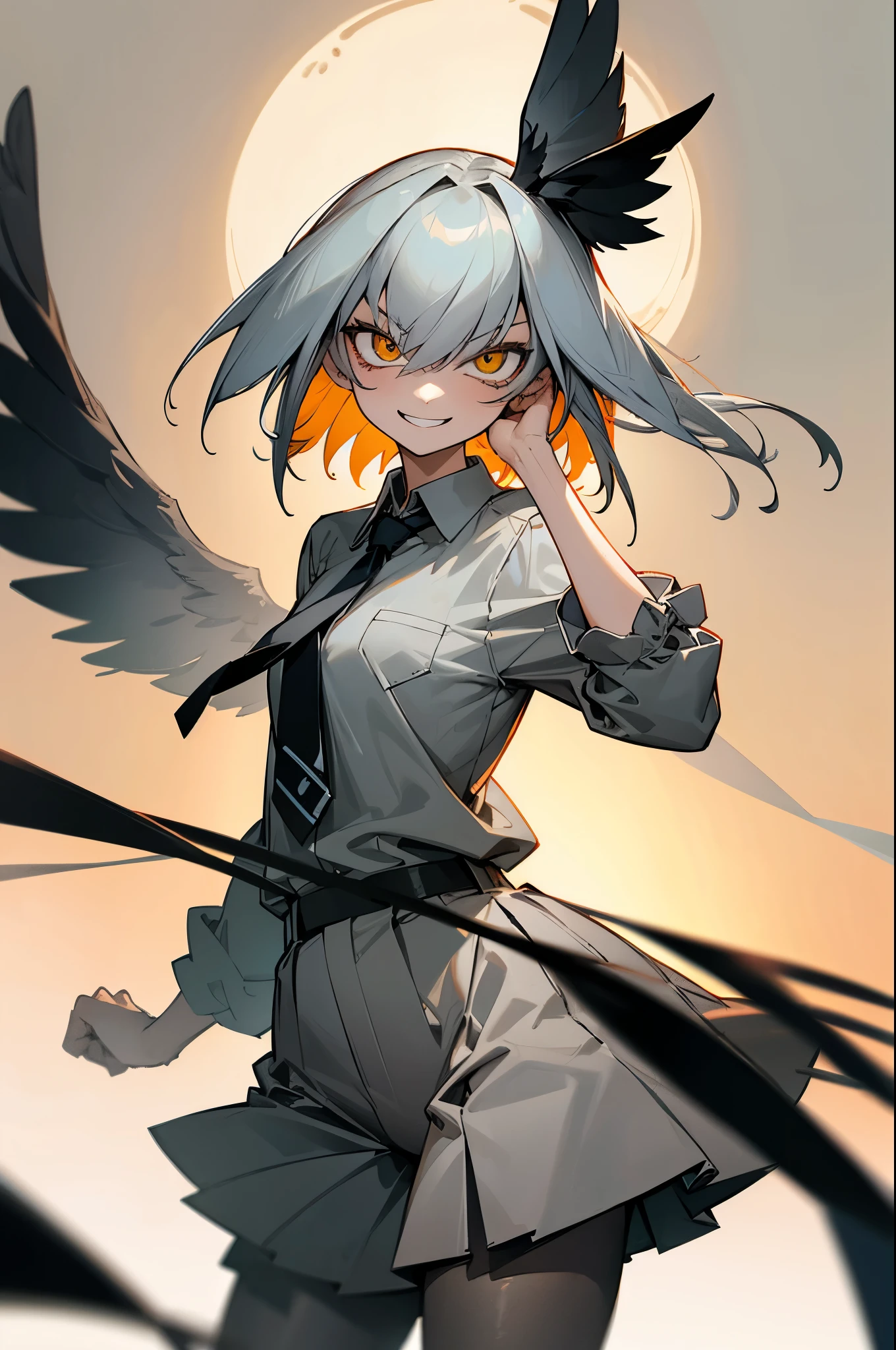 masterpiece, highest quality, cowboy shot, best quality, 1girl, solo, looking at viewer, shoebill, collared shirt, grey hair, grey necktie, grey pantyhose, grey shirt, grey shorts, hair between eyes, head wings, highres, kemono friends, layered sleeves, sadistic, evil grin,zaum, elysiumchar, portrait, scenery,
