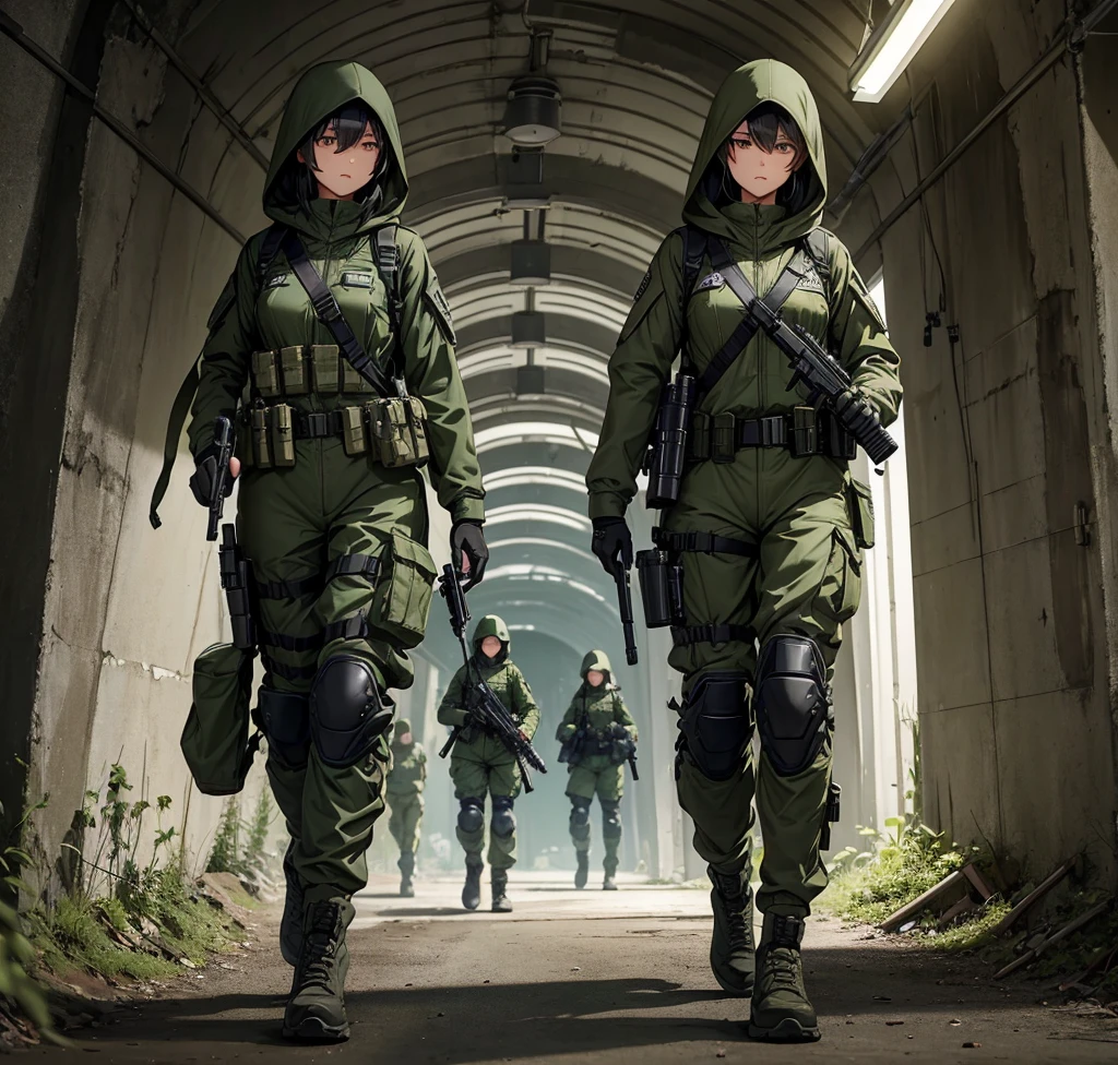 tunnel、Five female soldiers patrolling with guns、Wearing dark green M-51 hooded military uniform、Hooded on head、Dark green military pants,Wearing a magazine pouch、Tactical harness、Knee pads、best quality、Highly detailed CG、8K picture quality
