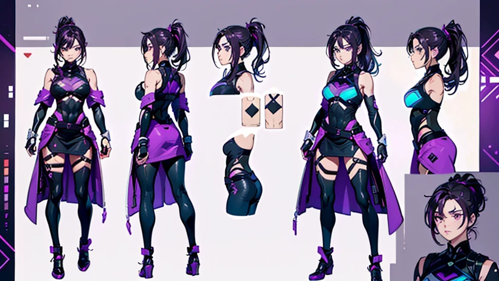 reference sheet, model sheet,(multiple views, [from behind|from side|from front|close-up|upper body|portrait]:1.2),One girl,human, Dark hair with purple strands, Ponytail, purple eyes, black outfit,wearing bulletproof vest,beautiful, masterpiece, best quality, perfect lighting, 