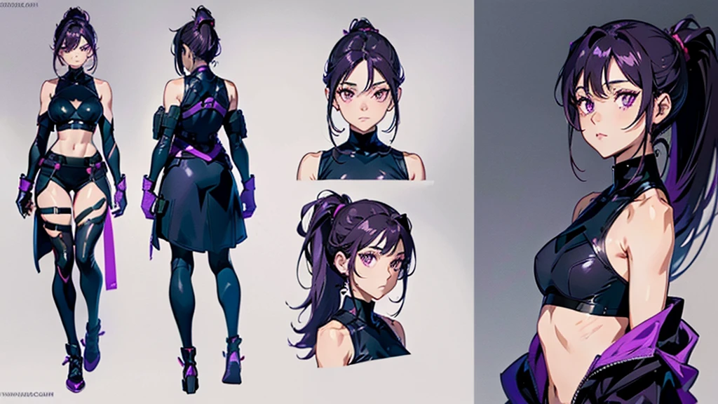 reference sheet, model sheet,(multiple views, [from behind|from side|from front|close-up|upper body|portrait]:1.2),One girl,human, Dark hair with purple strands, Ponytail, purple eyes, black outfit,wearing bulletproof vest,beautiful, masterpiece, best quality, perfect lighting, 