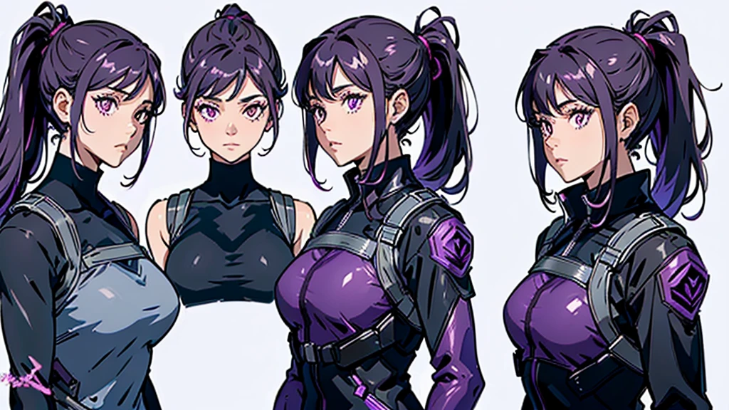reference sheet, model sheet,(multiple views, [from behind|from side|from front|close-up|upper body|portrait]:1.2),One girl,human, Dark hair with purple strands, Ponytail, purple eyes, black outfit,wearing bulletproof vest,beautiful, masterpiece, best quality, perfect lighting, 