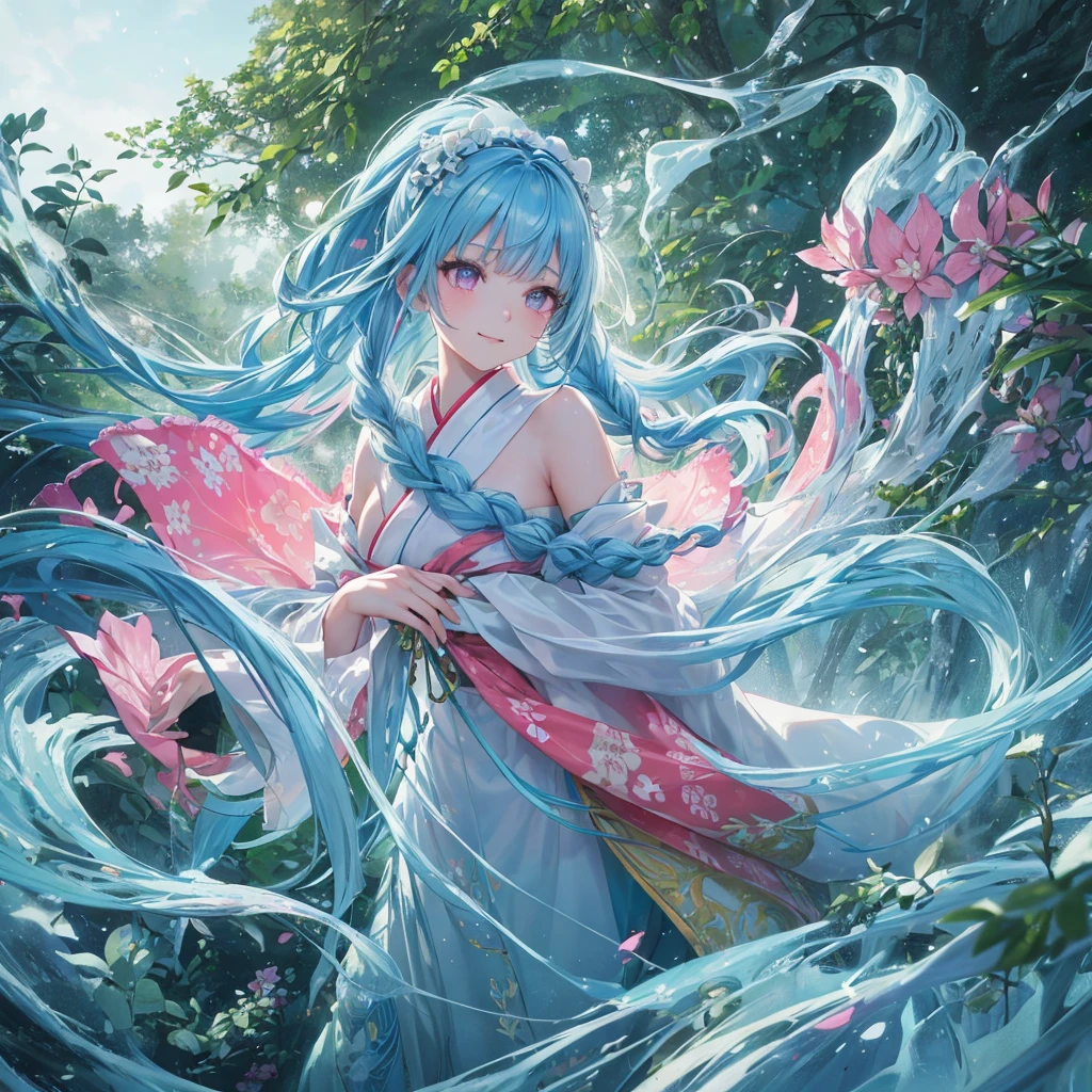 sky Blue hair, (braided ponytail),(pink eyes),fair skin ,(full body),1 girl,smile,white red kimono,Fresh green forest,Forest Goddess,Straight Bangs,(masterpiece, best quality, ultra-detailed, best shadow), (detailed background), (beautiful detailed face), high contrast, (best illumination, an extremely delicate and beautiful), ((cinematic light)), colorful, hyper detail, dramatic light, intricate details,guardian of the forest,Leaf Blizzard,high quality,