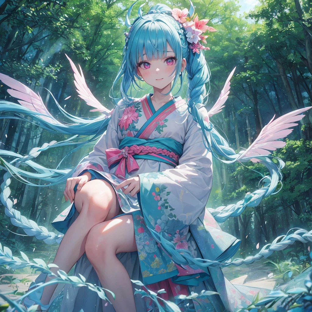 sky Blue hair, (braided ponytail),(pink eyes),fair skin ,(full body),1 girl,smile,white red kimono,Fresh green forest,Forest Goddess,Straight Bangs,(masterpiece, best quality, ultra-detailed, best shadow), (detailed background), (beautiful detailed face), high contrast, (best illumination, an extremely delicate and beautiful), ((cinematic light)), colorful, hyper detail, dramatic light, intricate details,guardian of the forest,Leaf Blizzard,high quality,