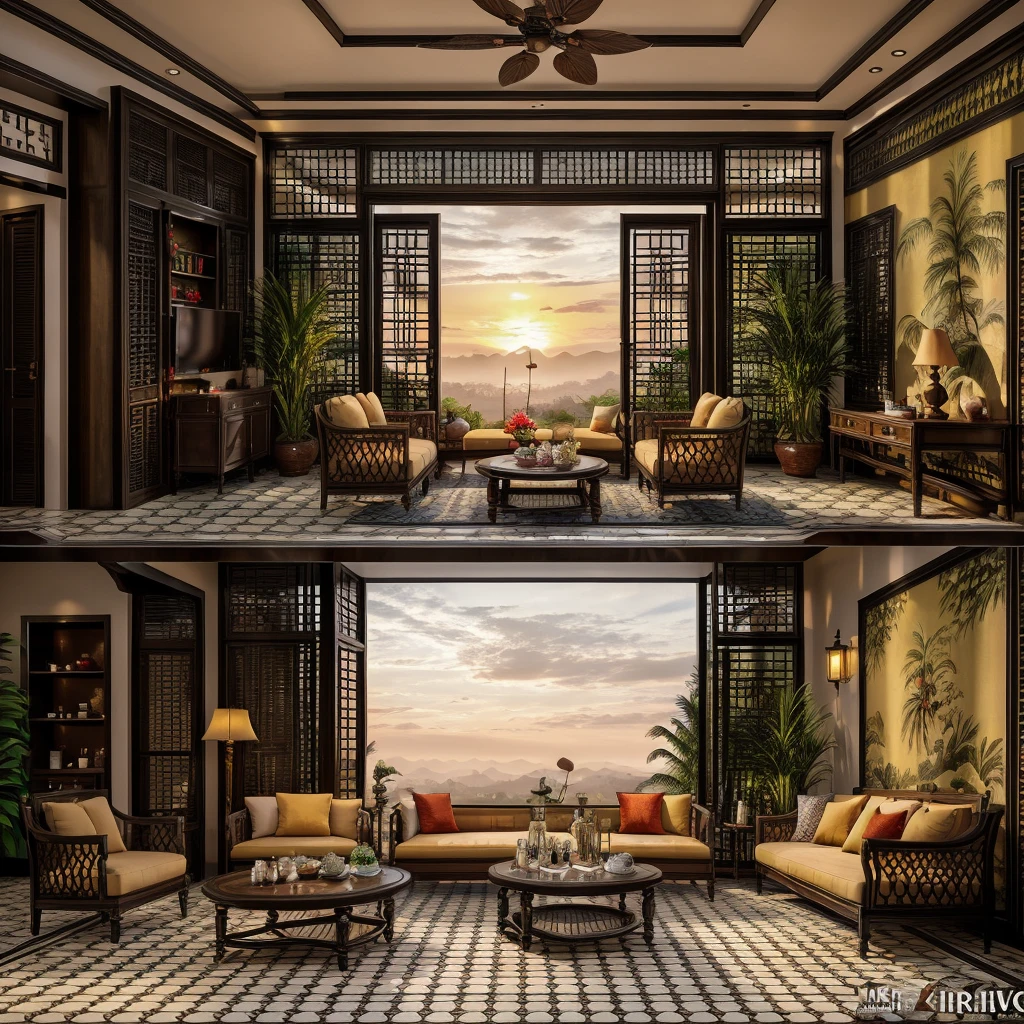 Raw photo, Masterpiece, high quality, best quality, authentic, super detail, interior, indoors, indochine livingroom with couch,rug, coffe table, dark tile floor, (sunset:1.1), vivid color, vray,