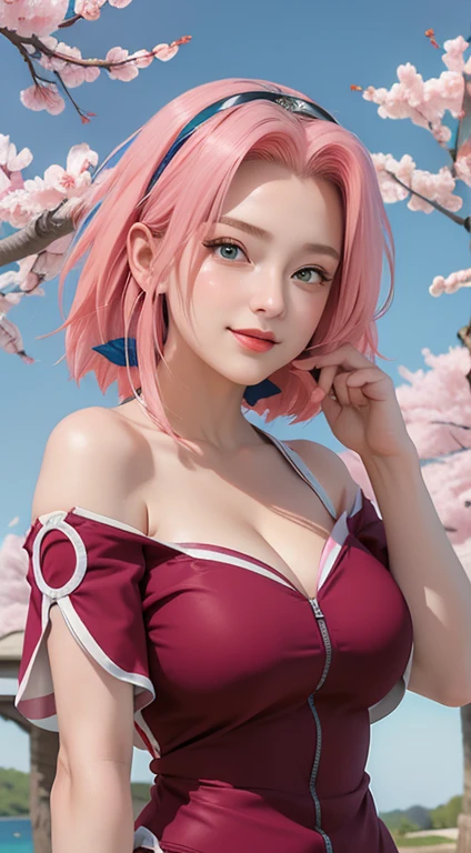masterpiece, Best quality, 1 Girl, Sakura Haruno, ,(((Full and soft breasts,)))(((Huge breasts))) (((Cleavage))) (Perfect curvy figure),,Off-shoulder dress,(cleveage),(Upper body close-up),Sexy highlighted,Very shy,Smile,Pink Hair, White hair, (Green Eyeball:1.4), Forehead protection, Cherry tree,Cherry Blossoms Flying,Red clothes,Zipper half