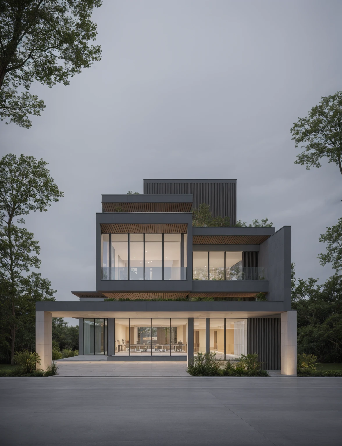 RAW photo, Exterior of two story white modern house, road, ((sidewalk)), ((sidewalk trees)), residences area, dawn time, overcast, fog, tropical trees and plants, (high detailed:1.2), 8k uhd, dslr, soft lighting, high quality, film grain, Fujifilm XT3, (sharpen:1.5)