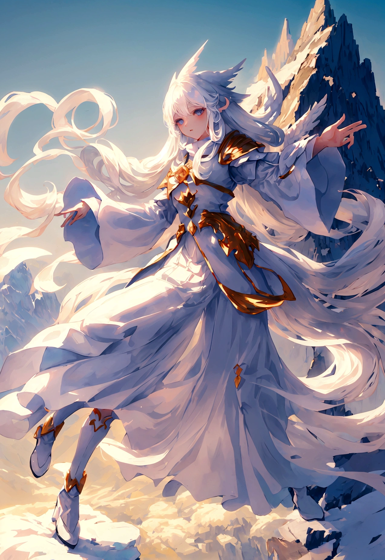 Character (woman) (white long hair) (white mage-style clothing) (character in dynamic pose) (full body) (smooth color blend) (mountain background with clear sky)