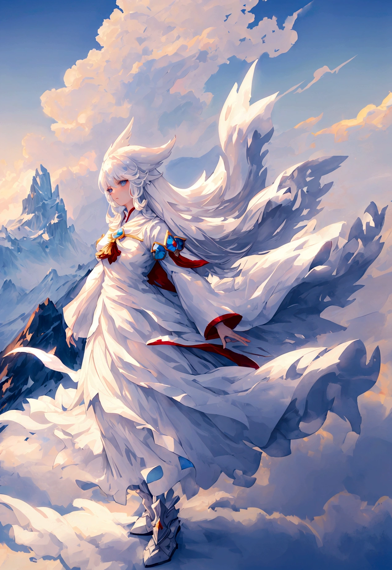 Character (woman) (white long hair) (white mage-style clothing) (character in dynamic pose) (full body) (smooth color blend) (mountain background with clear sky)