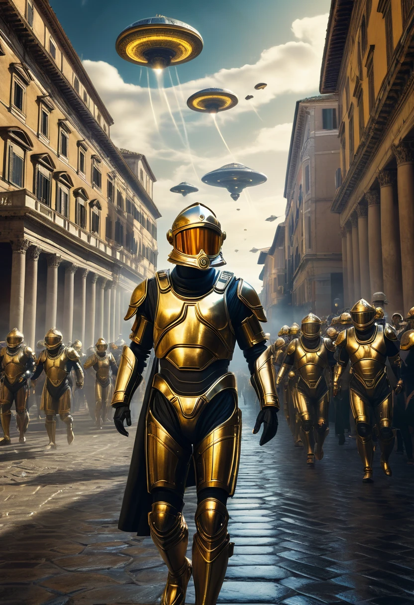 “A dramatic scene showing the moment when time travel becomes possible through a mysterious app with glimpses of ancient Rome, the roaring ’20s, and futuristic cities. The background should be chaotic, UFOs in the sky with time travelers in gold and chrome scorpion battle suits in different historical outfits interacting. A high resolution, 8k, high quality, intricated lighting, luminism High resolution, Vibrant, High contrast, 8k, HDR, 500px, sharp focus