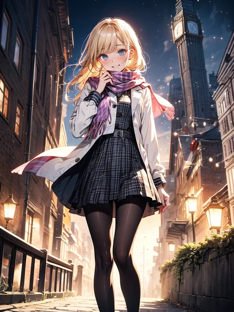 (master piece),(top-quality:1.2),(8k anime),(perfect anatomy),(complete fingers),1 girl,exquisitedetails,Vibrant colors, Soft tones, With warm and gentle lighting,(girly fashion),(feminine look),(Beautiful checked scarf:1.3),((Black pantyhose)),blonde hair,beautiful detailed blue eyes,small breasts,sideways glance,The atmosphere is full of happiness and laughter,Combination of digital illustration and photography,soft pastel tones,Create an ethereal atmosphere like a dream,Depth of written boundary, Bokeh,film lighting,Standing in a park around the clock tower