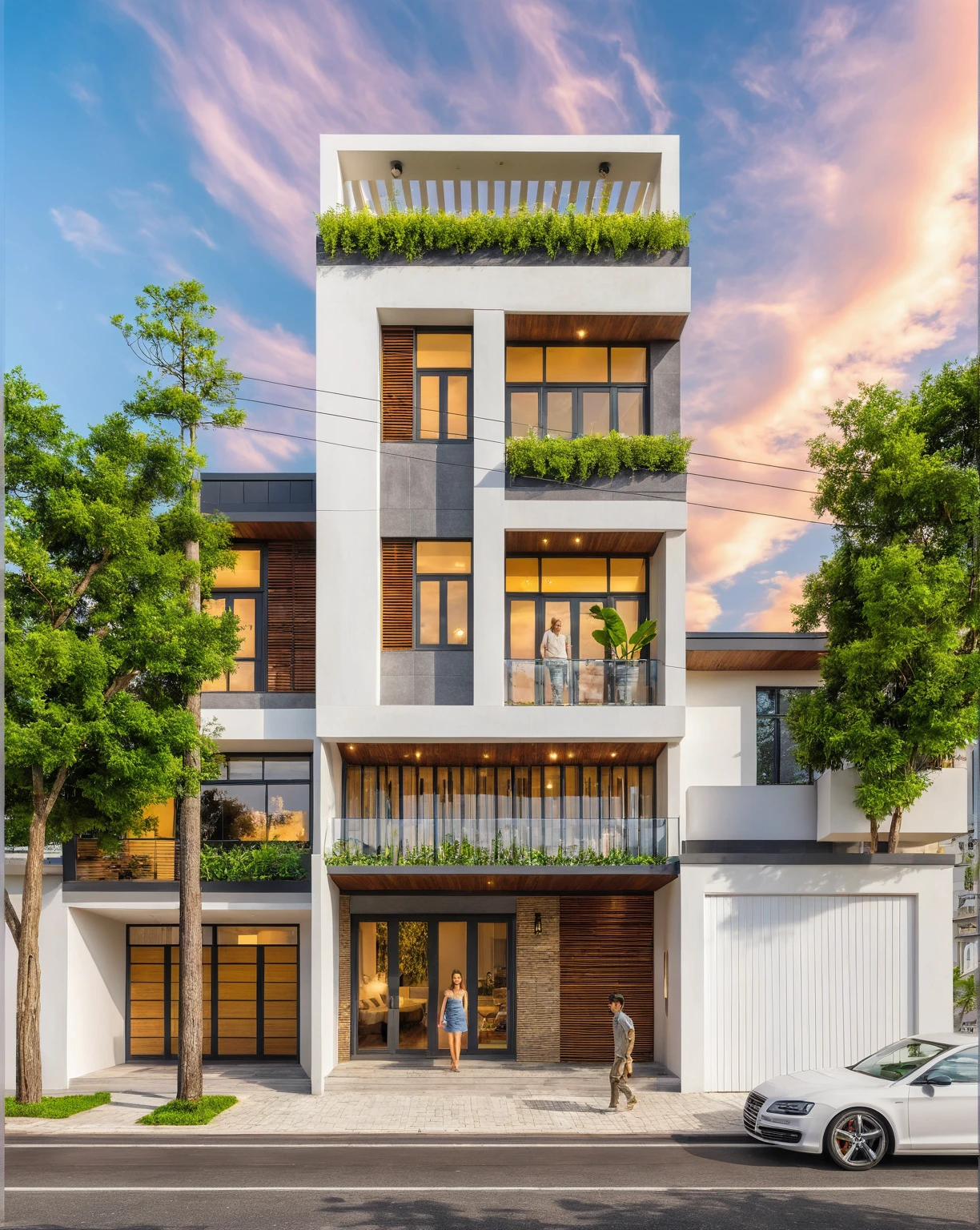 Masterpiece, high quality, best quality, authentic, super detail, outdoors, house style modern, bietthuhn, white wall, glass windows, gate road, pavement, grass, trees, Beautiful_sky, SUNSET, (day:1.1), realistic lighting