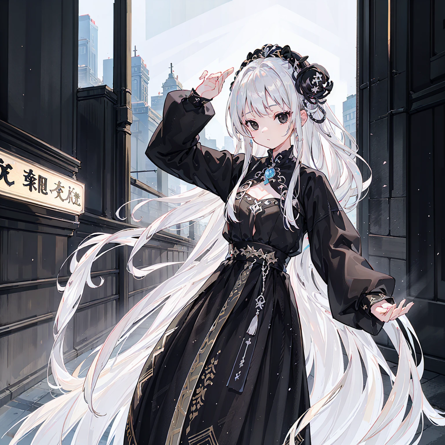 (Top image quality)、(Ultra Detailed)、(Facing forward)、top quality、masterpiece、(((1 girl)))、Silver Hair、white hair、((Long hair))、(black eyes:1.6)