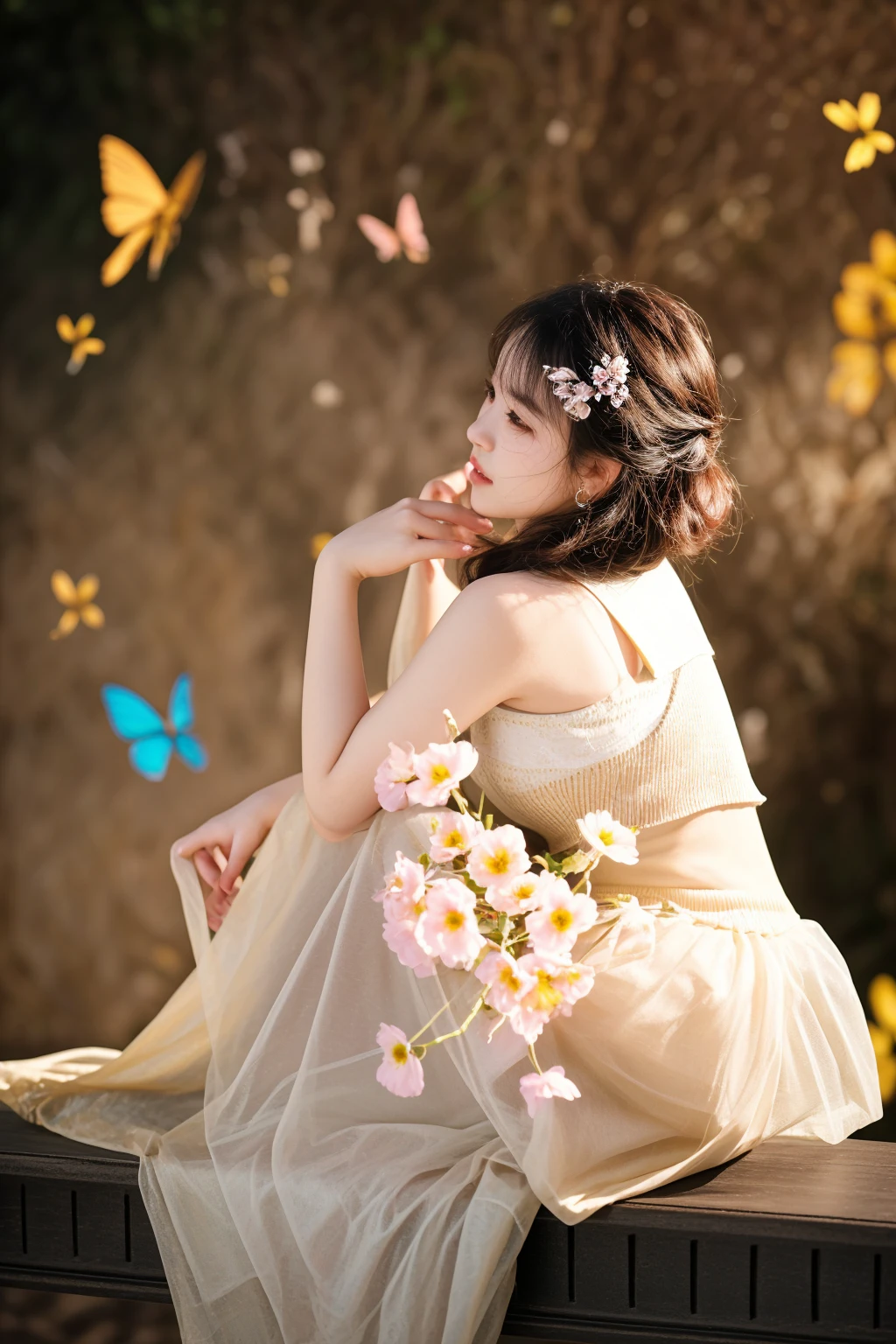 there is a woman sitting on a bench with a bouquet of flowers, photo taken with nikon d 7 5 0, photo taken with nikon d750, fantasy photoshoot, ethereal beauty, portrait shot, by Yang J, fantasy photography, by Jin Nong, by Ye Xin, beautiful adult fairy, by Leng Mei, a stunning young ethereal figure