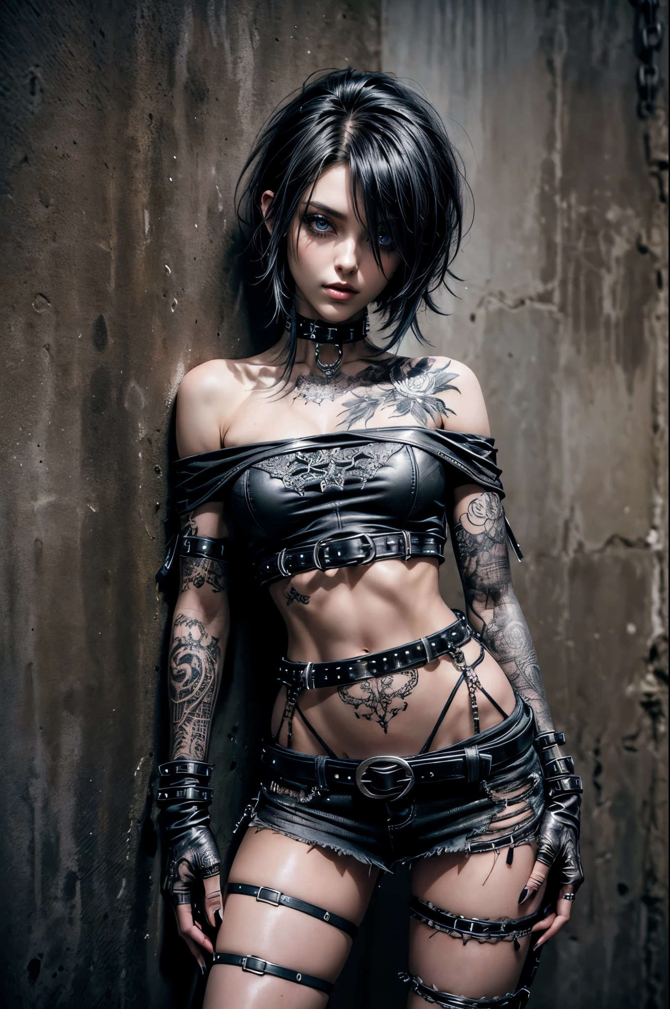 (Detailed illustrations, Very detailed and detailed drawing, Delicate lines with slow and rapid, Realistic texture expression), One woman with very short blond hair with black tips, ( emo hairstyle, ), goth, punk, pale white skin, evil smirk, (cold morning outside in the streets background), dark lighting, cold atmosphere, lore_Emma , blue eyes , dark eyeliner, (ultra dark glossy black lipstick), bored expression, gorgeous face , super cute, 18 years old , hyper detailed face, (super skinny figure , medium breast, thin waist), ((leaning back against wall with both arms close to body and hands in pocket)), (slight forward head tilt), slim legs, slim hips, LowriseXL, (ultra low rise ripped and dirty long jeans with rivets and chains), (off shoulder loose fit t-shirt), black choker, bare midriff, vulva tattoo, (white lotus flower in hair), ((flower pattern tattoo)), fingerless leather gloves, (black nail polish), faded tattoo's, ((thigh belt)), ((hip chains)), ((belt hanging on hip)), ((three studded belts))