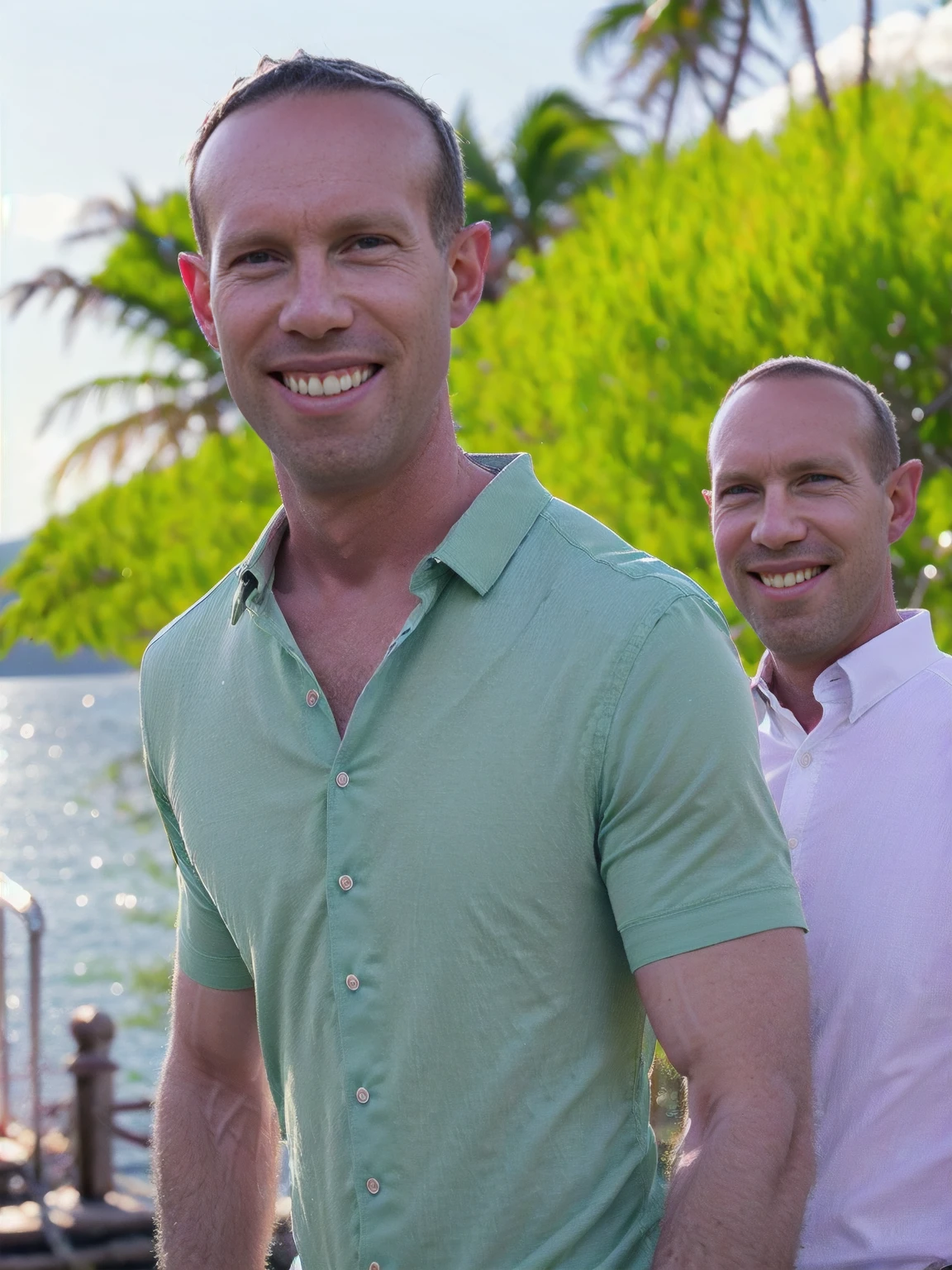 a man, Todder8, Todder1 short hair, perfect skin, RAW, UHD, 8K, looking at camera, on a yacht at sea, vacation photography, island paradise, colorful fun Hawaiian shirt, photorealistic, dynamic lighting, perfect day, [smiling]