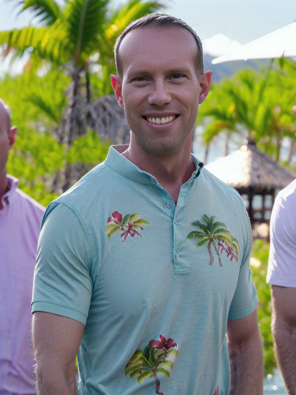 a man, Todder8, Todder1 short hair, perfect skin, RAW, UHD, 8K, looking at camera, on a yacht at sea, vacation photography, island paradise, colorful fun Hawaiian shirt, photorealistic, dynamic lighting, perfect day, [smiling]