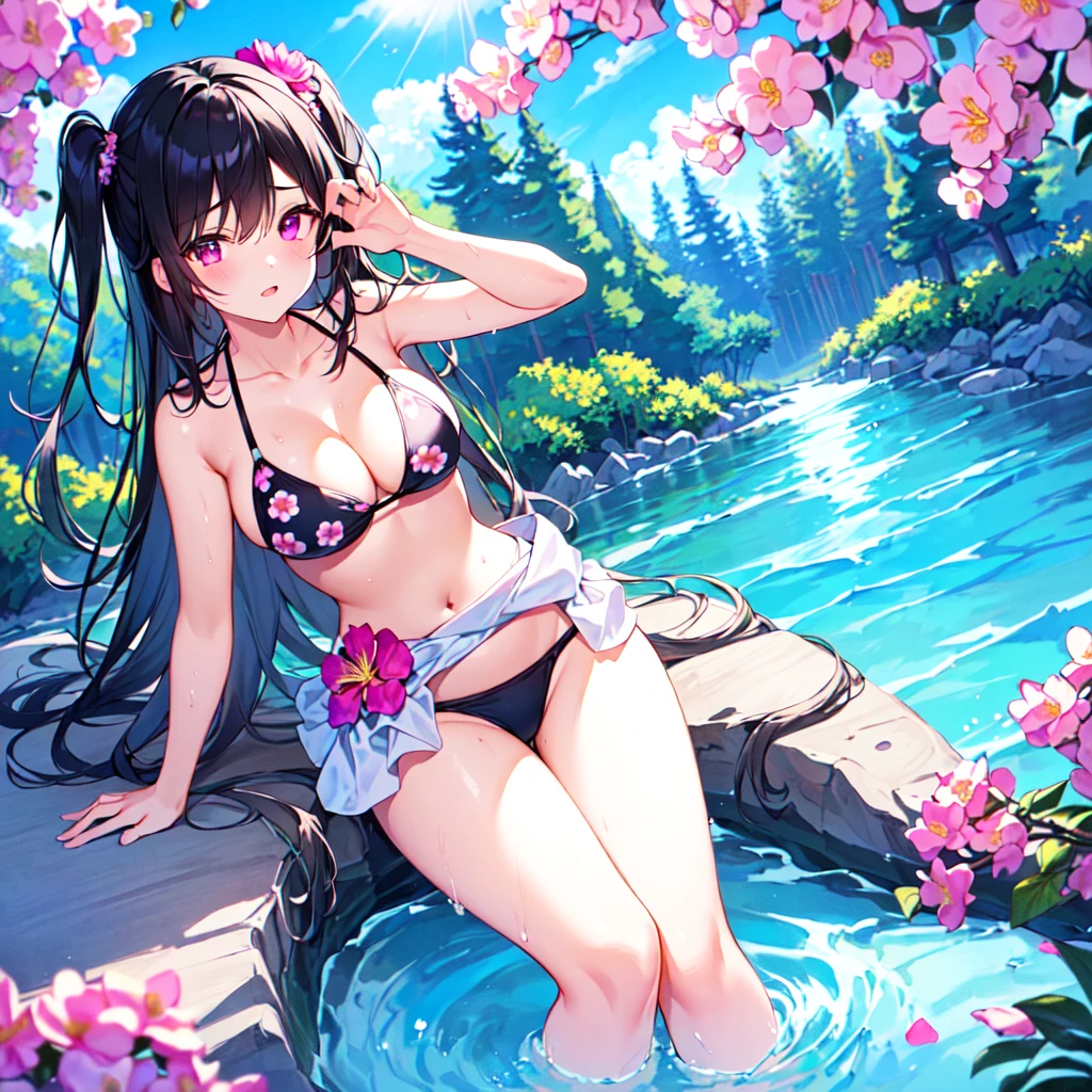 masterpiece, best quality, high quality, extremely detailed, very delicate and beautiful, (1 female 18 years old solo:1.2), (long black hair up to waist with two side up:1.4), bangs to eyebrows, eyes (eyes sharp and strong with glossy glossy eyes, eyebrows glossy, (eye color magenta:1.3), 6.5 head height, (summer flower print in bikini swimsuit:1.3), (bathing and wet), (dynamic pose), (background river and forest:1.3), (blue sky:1.3)
