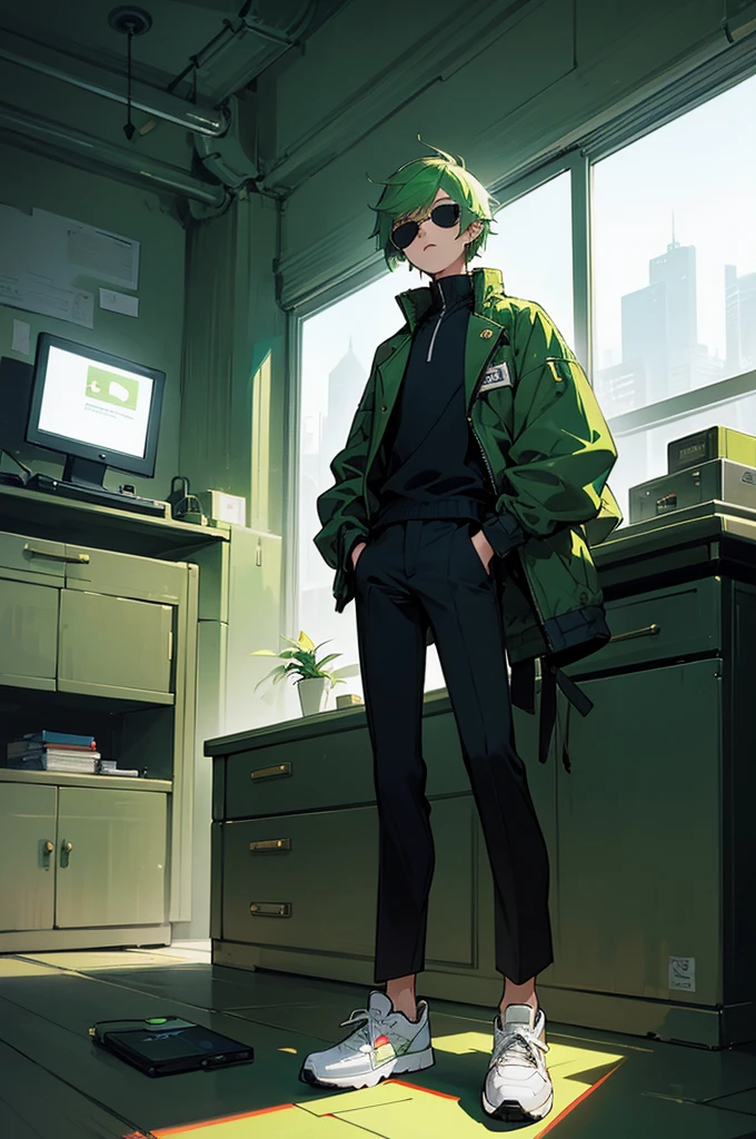 Man stands cool, He wears a green jacket, He wears black pants, He wears white sneakers, He has short green hair, He has green eyes, He wears sunglasses, He's in the computer room, Trader's Room, Mechanical future, Very peaceful atmosphere, Extremely detailed