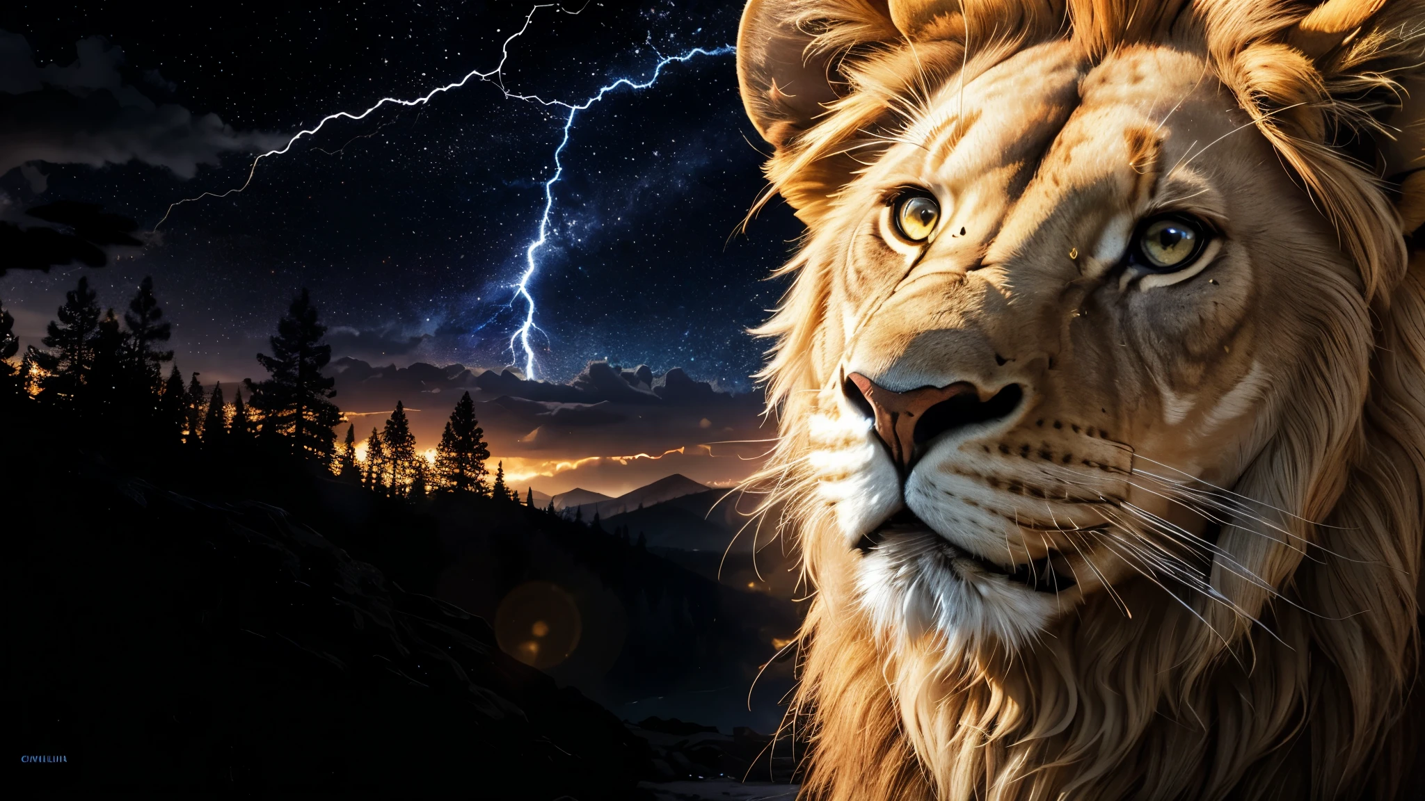 Lion, Divine Lion, naturals, Thunders, Realistic Lion, rey, realistic detailed, Sunset Light, Sky, Night Sun, realistic detailed 16K, Eletricidade Detalhada 8K, Texturas realistas de 8K, Cores photorrealistic 8K, fire azul, realistic detailed Fire Bolt, Sky Light Detailed, Power of thunder, Divine realistic, golden crown, golden crown, golden crown, naturey, Linda, Rendering, photorrealistic, UltraHigh definition, 4K, detailed textures, thunder, detailed shadows, detailed colors, neon blue, blue light, lightnings, blue power, naturey Linda, Great Divine, blue light, thunder Azuls, coroa do rey, lightning, Electric Power Screw, detailed contrast, realistic contrast, high resolution, detailed colors, fire, villany, divine creature, 8K, realistic detailed, 16K, 8K, High definition, detailed contrast, realistic contrast, high resolution, detailed colors, fire, villany, divine creature, 8K Realistic Lion Face, realistic detailed, posh,