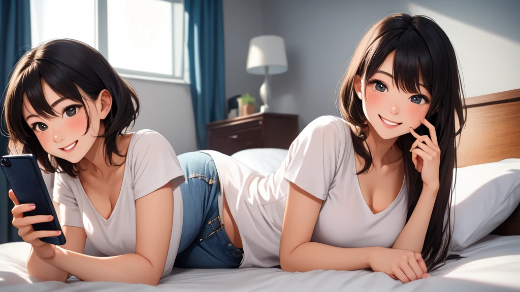 Masterpiece, best quality, 1 girl, alone, Looking intently at the mobile phone, chest, mature woman, collarbone, Random Hairstyles, bedroom, lying on the bed, play mobile phone, finger holding smartphone, t-shirt, Wearing short jeans, depth of field, playful mood,Big smile