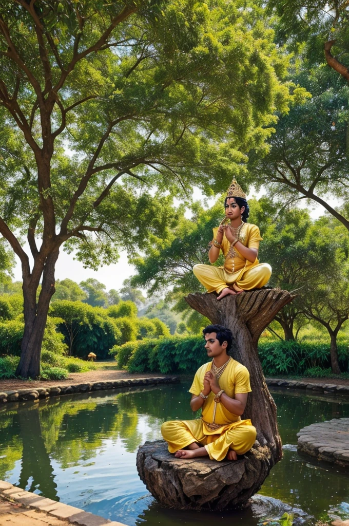 Create a serene and divine scene featuring Lord Krishna playing the flute. He should be seated gracefully on a sturdy tree branch, adorned in a yellow dhoti and a crown made of peacock feathers. Krishna has a dark blue complexion, symbolizing his divinity. Below the tree, depict a peaceful herd of cows, attentively listening to Krishna's enchanting music. The setting is the lush, verdant landscape of Vrindavan, with a clear, flowing river in the background, vibrant flowers in bloom, and birds perched on nearby branches. The overall atmosphere should evoke harmony, divine love, and a deep connection with nature."