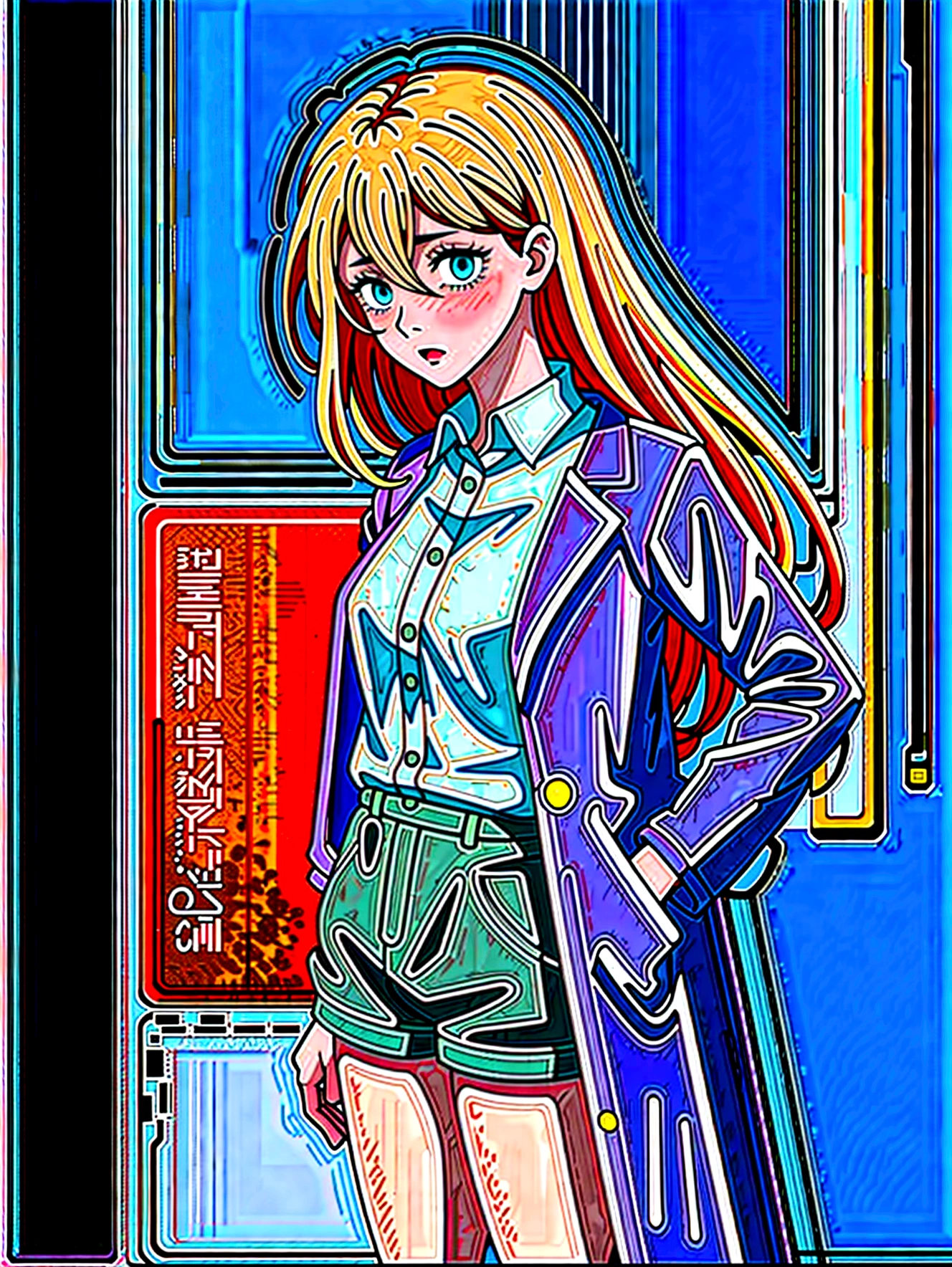 Cyberpunk, Girl, 1girl, Beautiful lady in office black shirt with buttons and shorts, office like longer pink coat, long pink hair, Multi-colored hair, multi-colored eyes, heterochromia, tall, thin, beautiful lady, perfect body, slim, blueeyes, office suit, elongated, Prominent Jaw, Thin girl, skinny girl, perfect skinny girl, teen, 16 years old, 