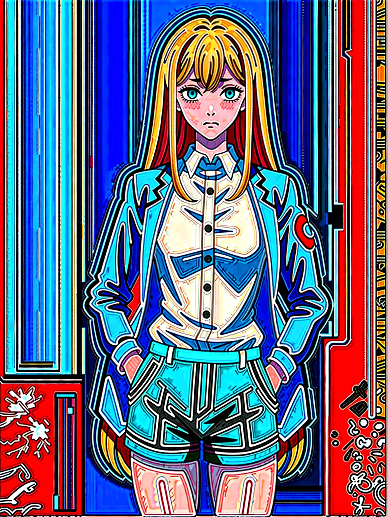 Cyberpunk, Girl, 1girl, Beautiful lady in office black shirt with buttons and shorts, office like longer pink coat, long pink hair, Multi-colored hair, multi-colored eyes, heterochromia, tall, thin, beautiful lady, perfect body, slim, blueeyes, office suit, elongated, Prominent Jaw, Thin girl, skinny girl, perfect skinny girl, teen, , 