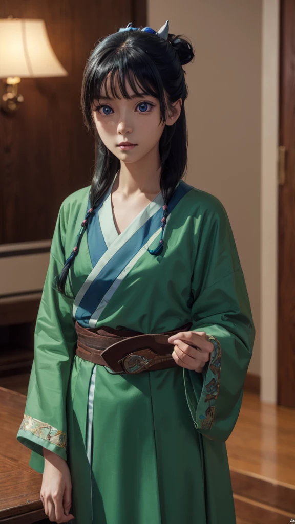 kusuriyamaomao, maomao, long hair, bangs, blue eyes, hair ornament, green hair, blunt bangs, freckles, hair bun, single hair bun,
BREAK japanese clothes, robe, green robe, long sleeves, wide sleeves, skirt, red skirt,
BREAK indoors,
BREAK looking at viewer, (cowboy shot:1.5),
BREAK (masterpiece:1.2), best quality, high resolution, unity 8k wallpaper, (illustration:0.8), (beautiful detailed eyes:1.6), extremely detailed face, perfect lighting, extremely detailed CG, (perfect hands, perfect anatomy),