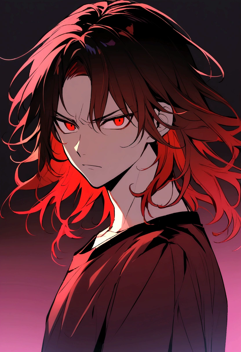Teenage boy, serious face, tidy hair, Medium length hair, multicolored black and red hair, Red eyes, dark red shirt, loose black blouse