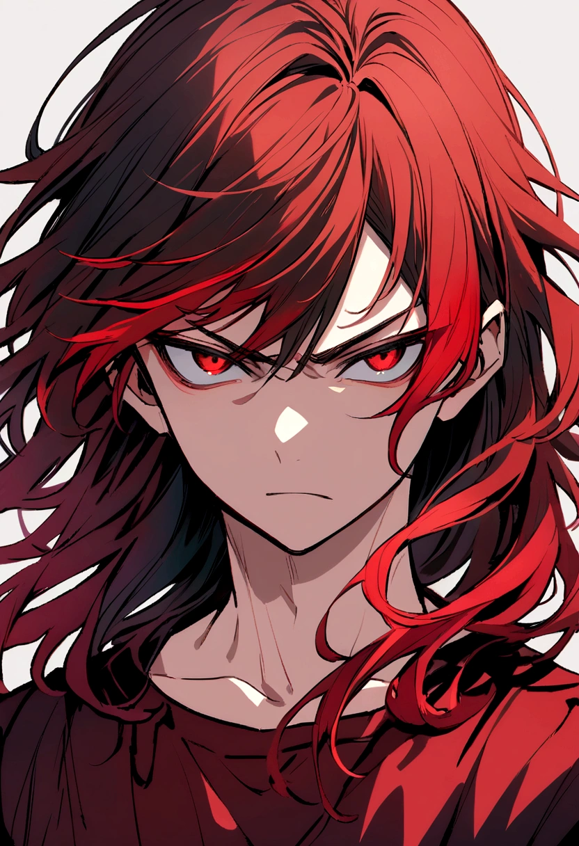age boy, serious face, tidy hair, Medium length hair, multicolored black and red hair, Red eyes, dark red shirt, loose black blouse
