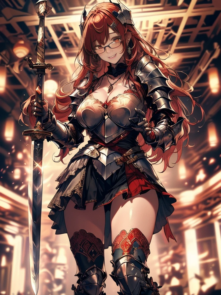 (Highest quality, masterpiece), (Ultra-high resolution, 8k RAW photos, Photorealistic:1.5, Cinema Lighting, Fabric Shading, Thin contours, Clear focus:1.2), Beautiful mature woman, Leaning forward, Long legs, Red hair:1.3, (Wearing thin glasses:1.5), (Mature Woman:1.5, 28 years old, alone), (1 female:1.6), (Large Breasts, Saggy breasts, big , Tight waist), whole bodyesbian, (very short hair:1.8, Red hair:1.3, ), (thin and bright pupils, Highlighted, detailed eyes:1.3, A face with attention to detail, perfect face shape, Bloodshot eyes), (A seductive smile, Half-close your eyes:1.2), (Looking at the audience:1.3), (Dutch Angle, whole body:0.5, From below:1.5), ((Correct Anatomy:1.5, The right move)), (Ideal body proportions),(((Fluttering lace flared mini skirt, Sexy silver armor with attention to detail:1.5、red and black boots、Silver Helmet、Silver Gauntlets、Jeweled、Gold decoration)))、Slender、(Thighs Thighs Thighs Thighs:0.8)、(At the bar、Artistic stained glass、Hello Point、Mysterious、Particles of light、Solemn、Nikko is、colorful、Fantastic:1.2)、(Fantastic:1.3)、(Female knight with sword:1.8)、Cross Necklace:1.2, (Dynamic pose),multiple views:1.3