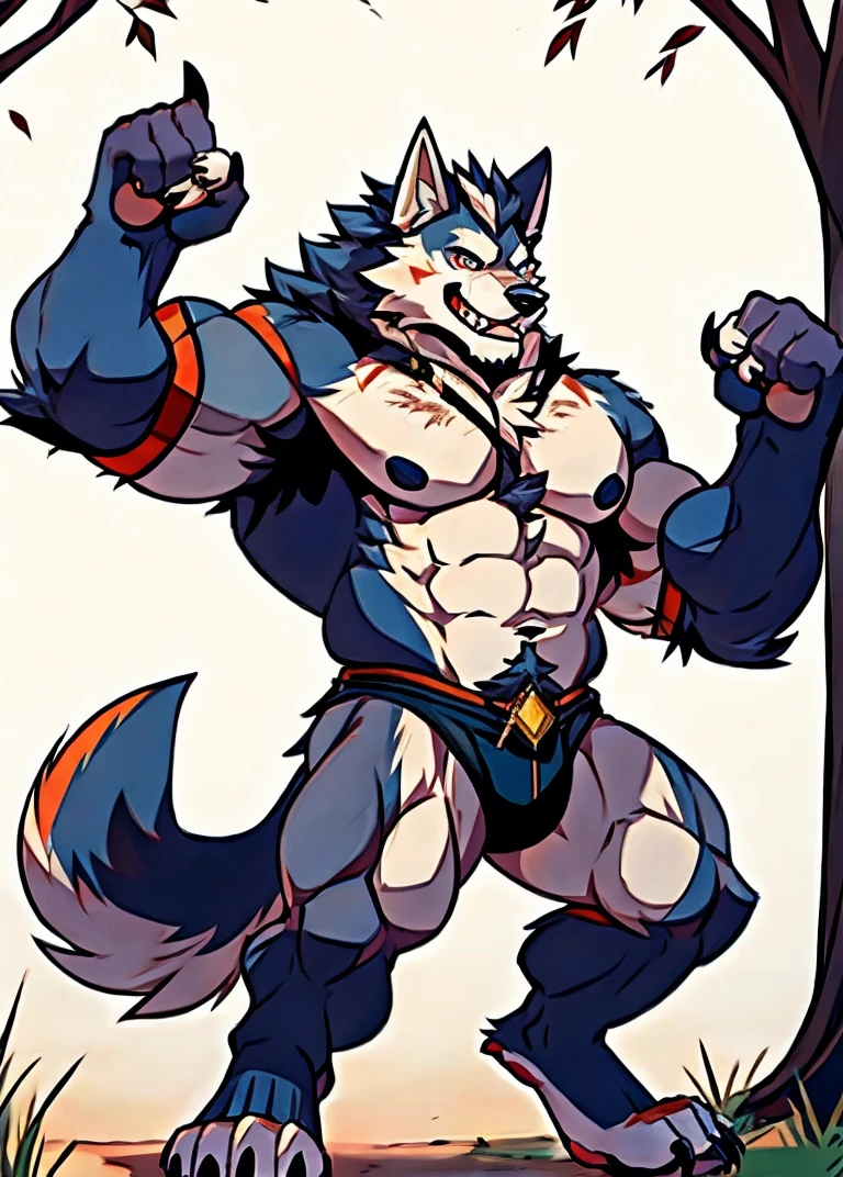 Human-wolf，musculous，Hairy all over，clawed paws，erect through