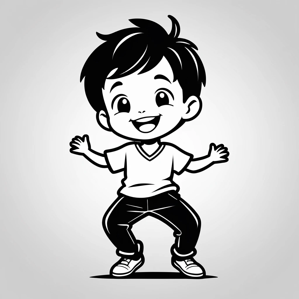 Create a black and white vector icon of a cute  boy in cartoon style. He is dancing and laughing. The background is a clean, pure white.
