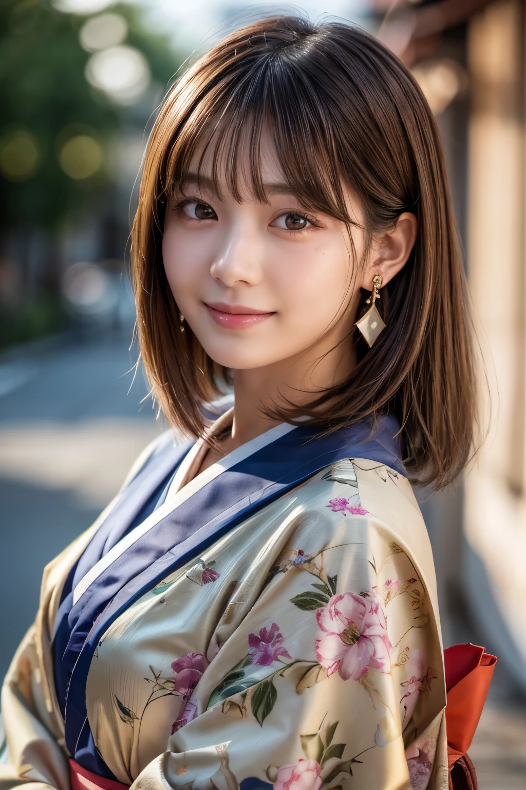 Upper Body、Beauty、Well-formed face、Wearing a Japanese kimono、20-year-old、Uniform eyes、Small face、, light brown hair, hair over shoulder, parted bangs, straight hair, expressive hair, shiny hair, earrings, seductive smile, kanzashi, nihongami, Surrealism, cinematic lighting, first-person view, pov, f/1.2, Nikon, UHD, textured skin, best quality, highres, 8k